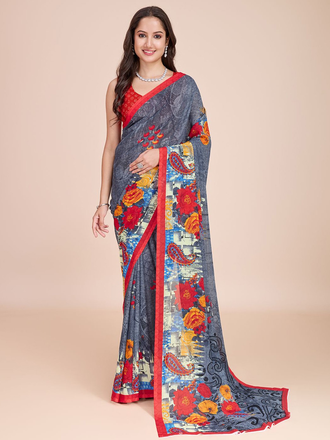 

KALINI Floral Printed Saree, Grey