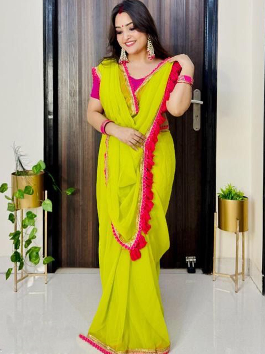 

SWADESI STUFF Embroidered Pure Georgette Saree, Yellow