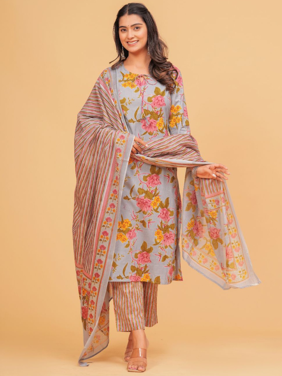BAESD Floral Printed Tie-Up Neck Straight Kurta With Trousers & Dupatta, Grey