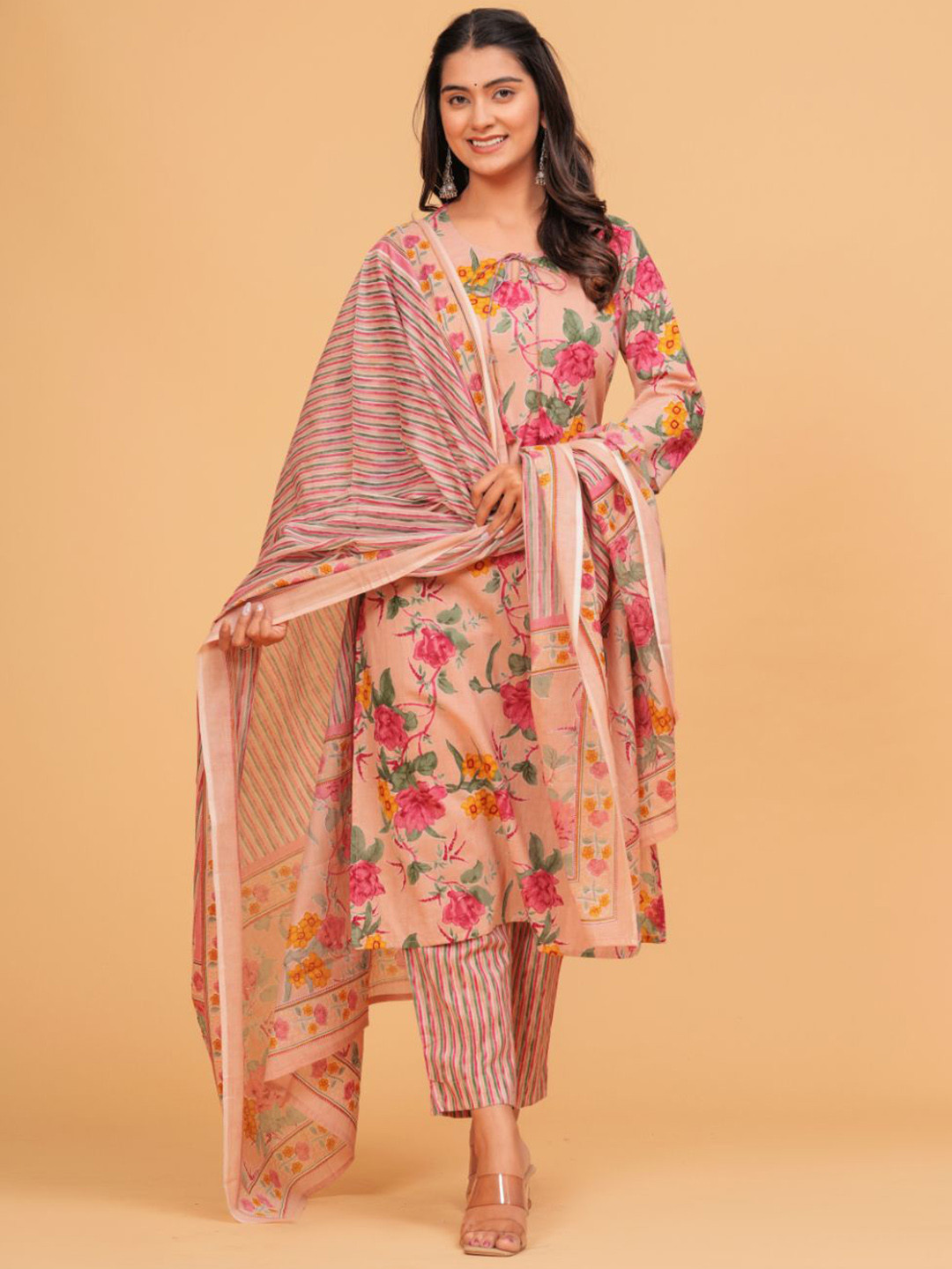 

BAESD Floral Printed Tie-Up Neck Straight Kurta With Trousers & Dupatta, Peach