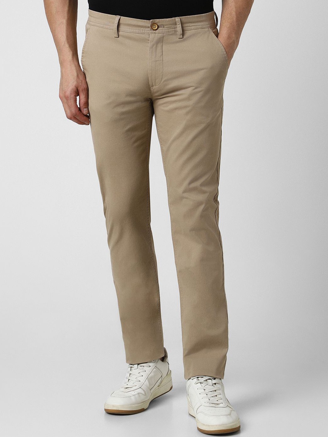 Peter England Casuals Men Cotton Skinny Fit Trousers, Khaki