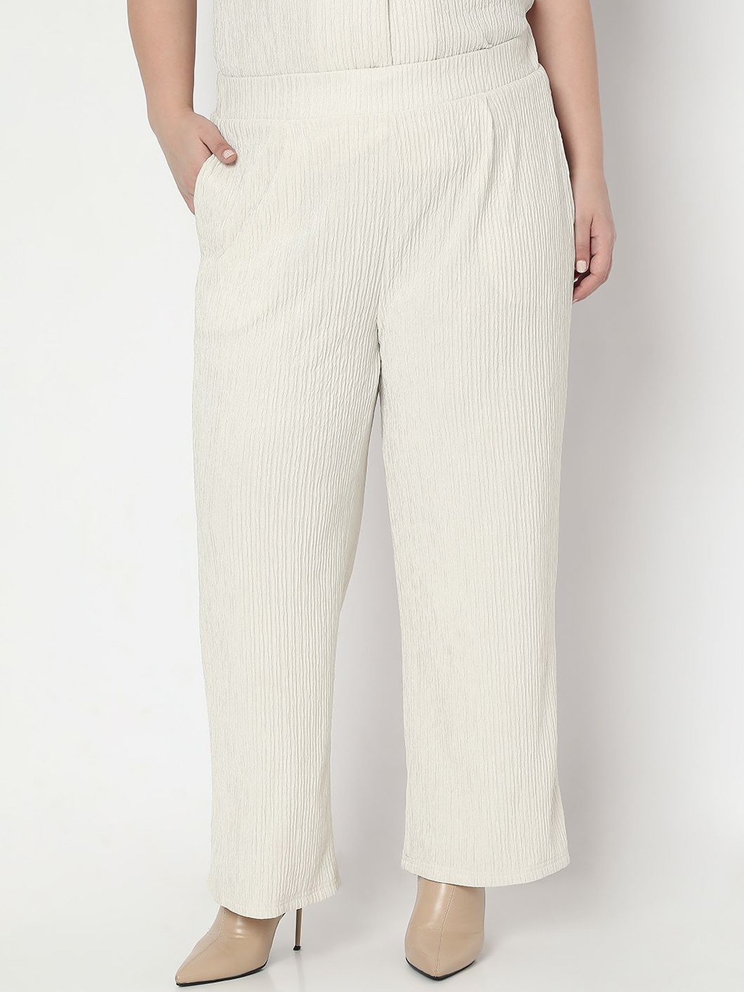 

VERO MODA CURVE Women Flared High-Rise Pleated Wide Leg Trouser, Beige