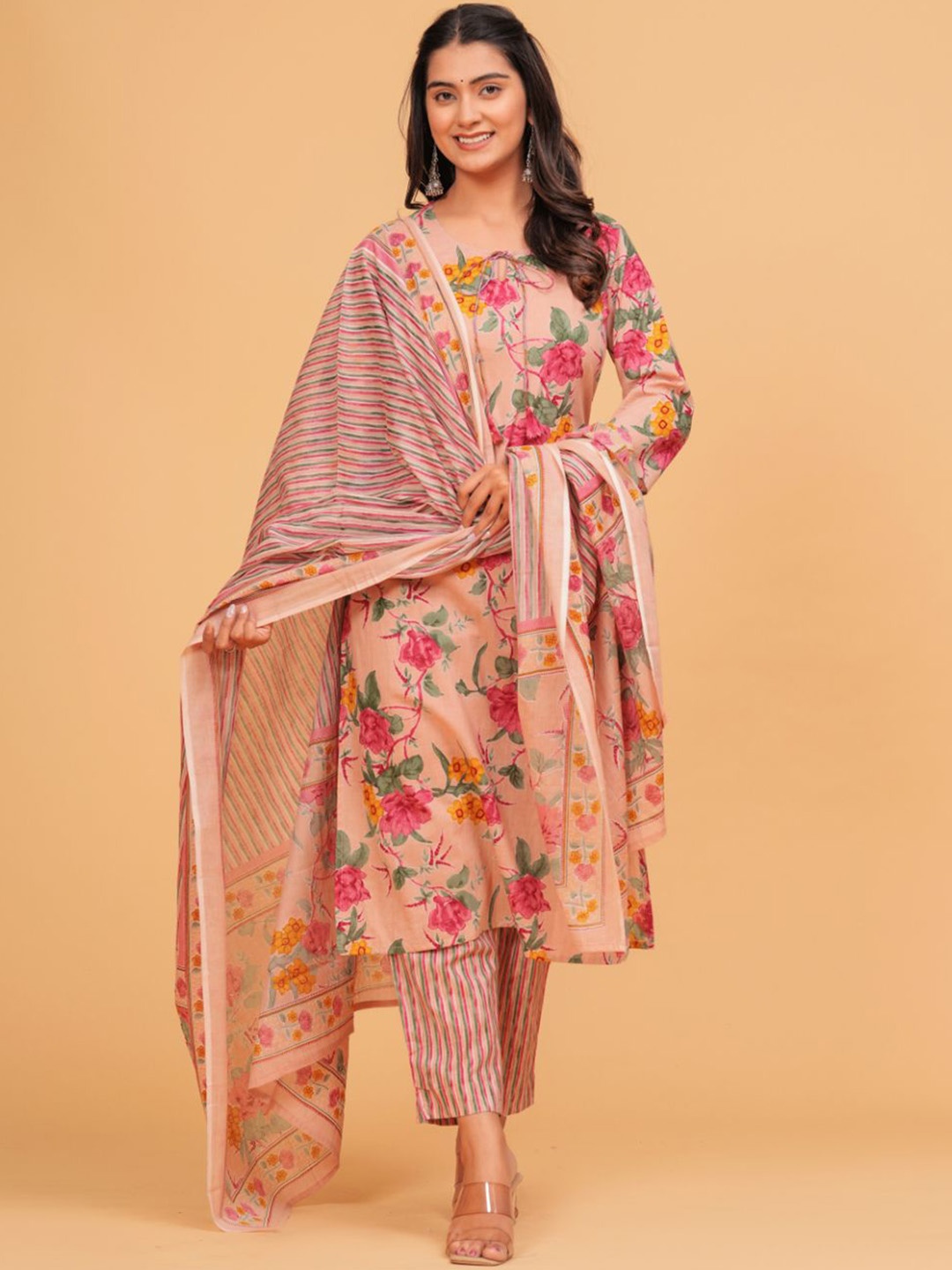 

BAESD Floral Printed Tie-Up Neck Straight Kurta With Trousers & Dupatta, Peach