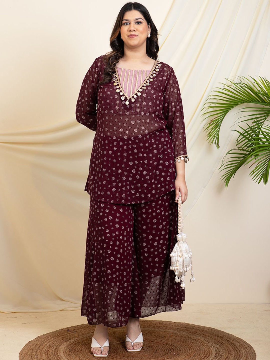 

DEEBACO Printed V-Neck Three-Quarter Sleeves Top With Palazzo With Inner Bustier, Burgundy