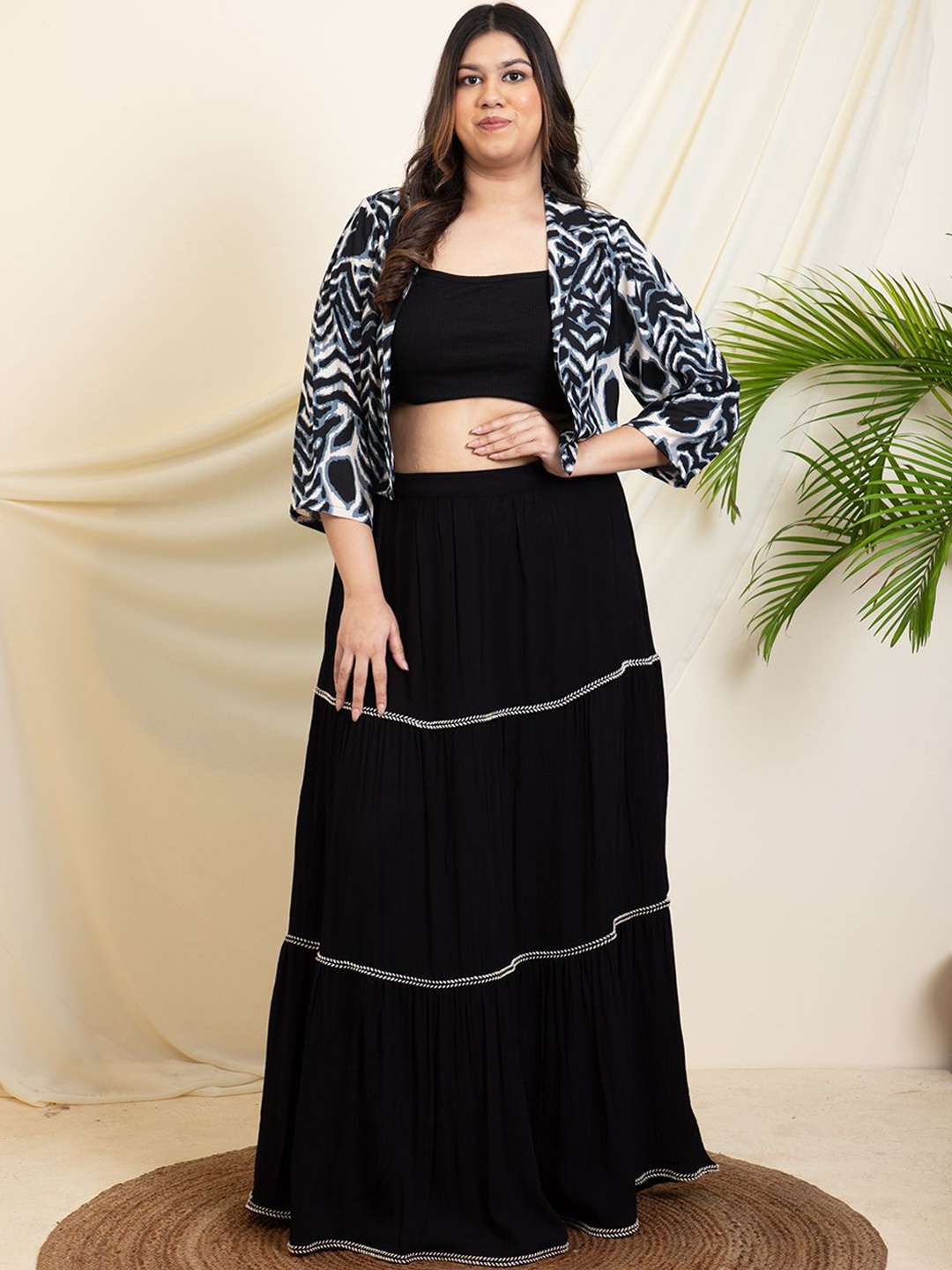 DEEBACO Printed Lapel Collar Three-Quarter Sleeves Blazer & Top With Skirt, Black