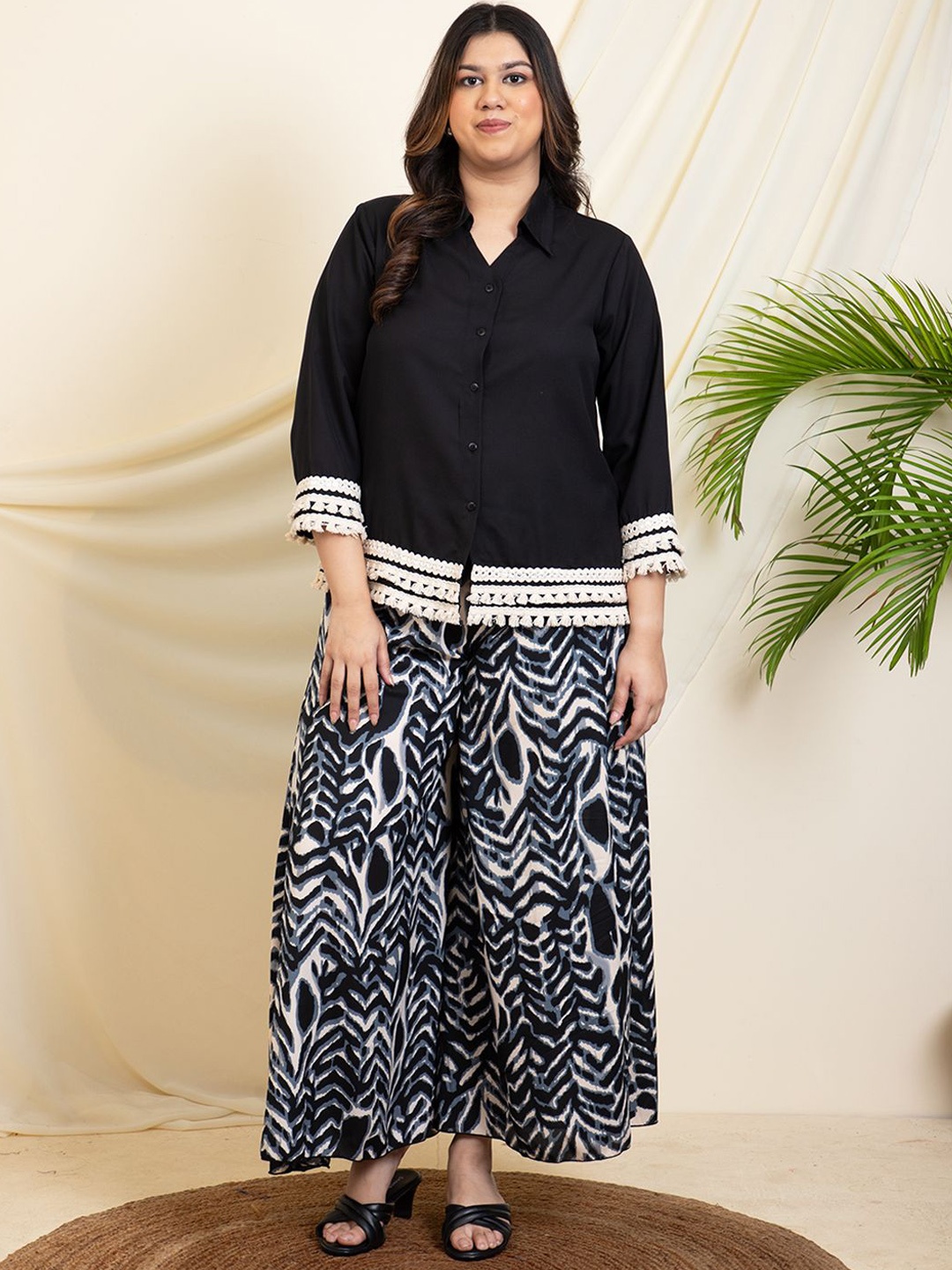 

DEEBACO Embellished Shirt Collar Three-Quarter Sleeves Shirt With Palazzo, Black