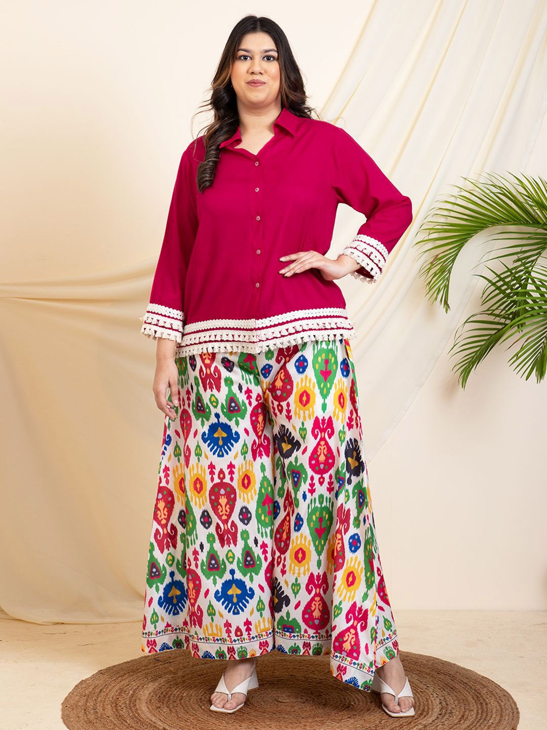 

DEEBACO Embellished Shirt Collar Three-Quarter Sleeves Shirt With Palazzo, Magenta