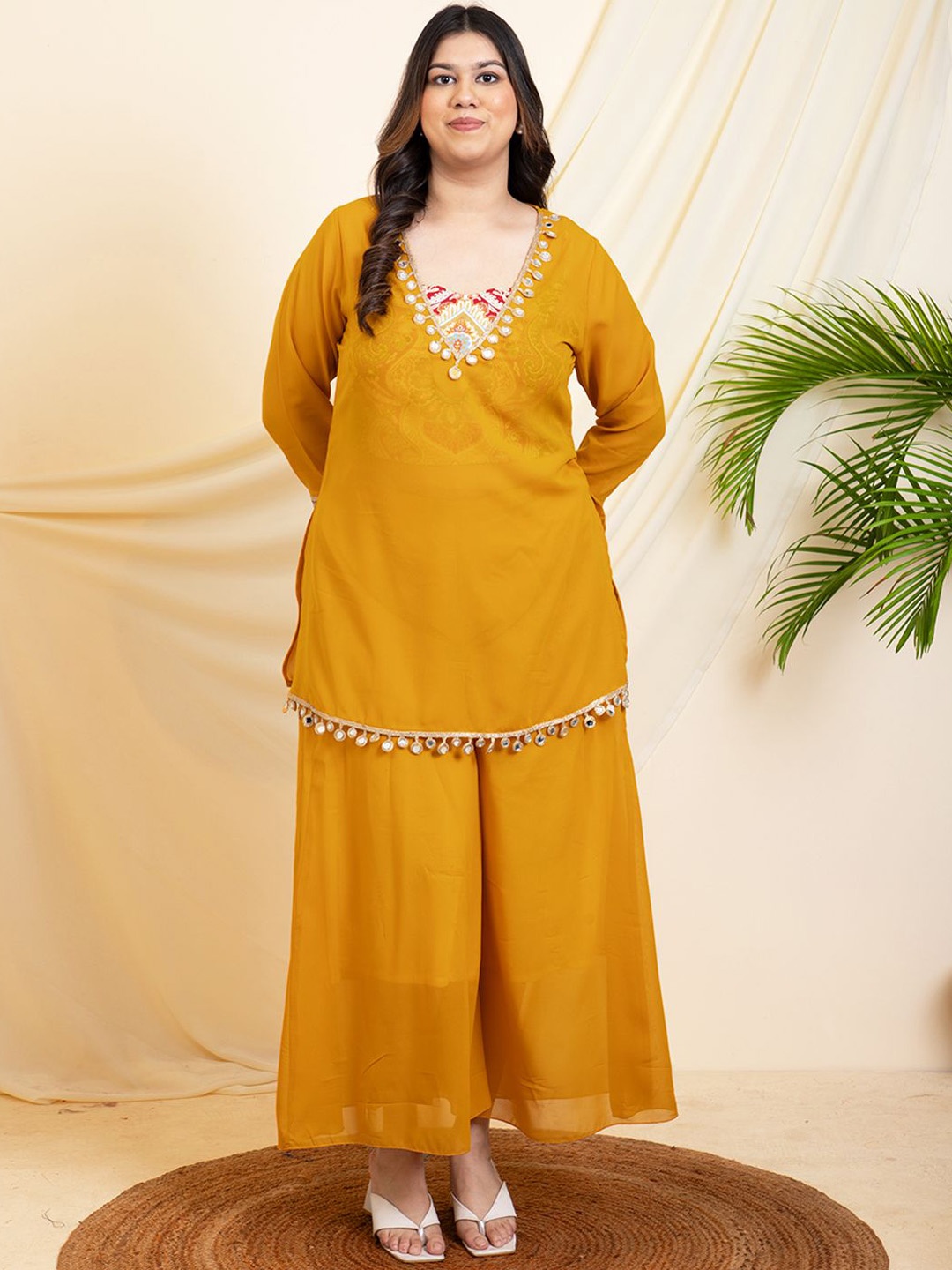 

DEEBACO Embellished V-Neck Three-Quarter Sleeves Top With Palazzo With Inner Bustier, Mustard
