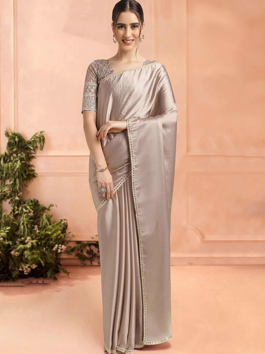 

Mitera Ready to Wear Saree With Sequence Lace, Beige