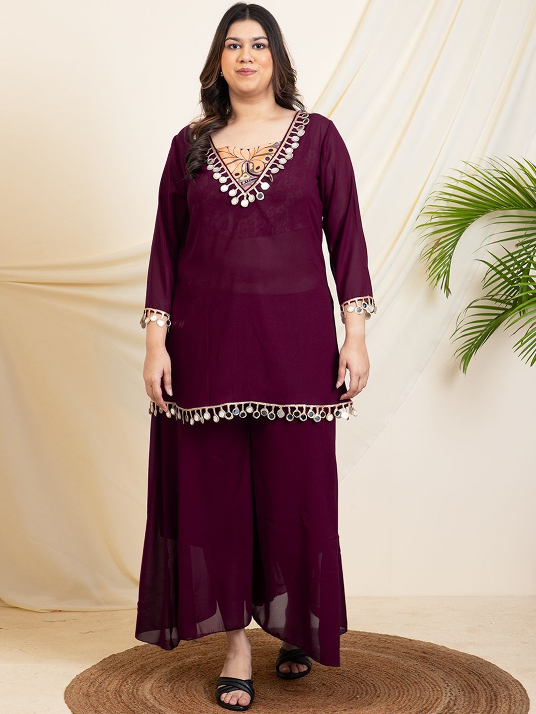 

DEEBACO Embellished V-Neck Three-Quarter Sleeves Top With Palazzo With Inner Bustier, Burgundy