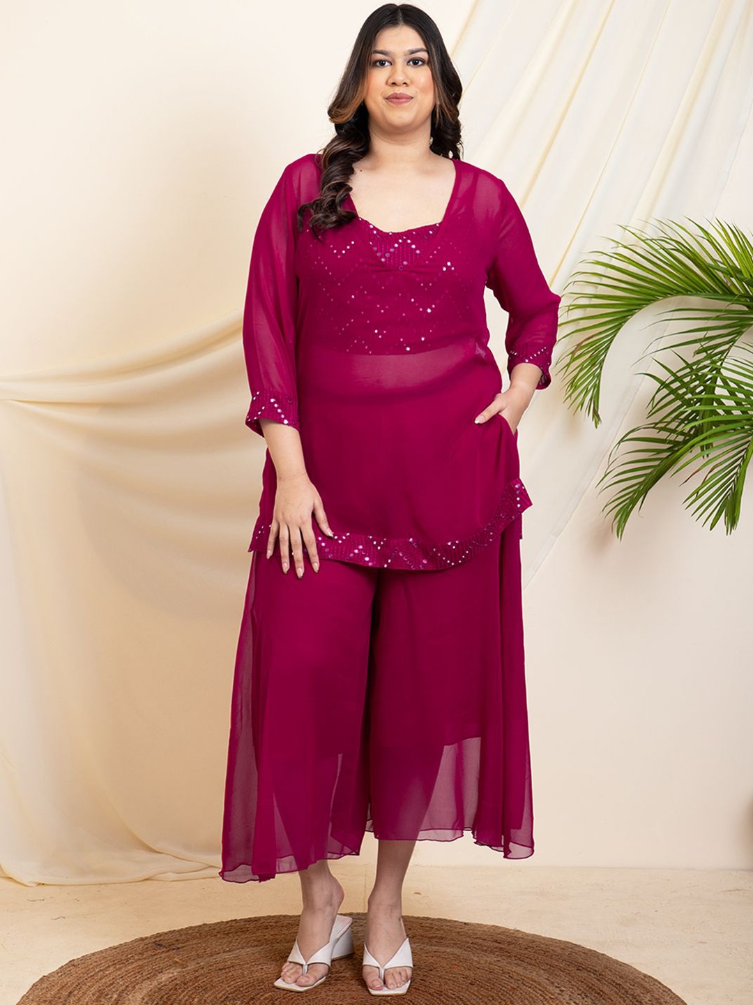 

DEEBACO Embellished V-Neck Three-Quarter Sleeves Top With Palazzo With Inner Bustier, Magenta