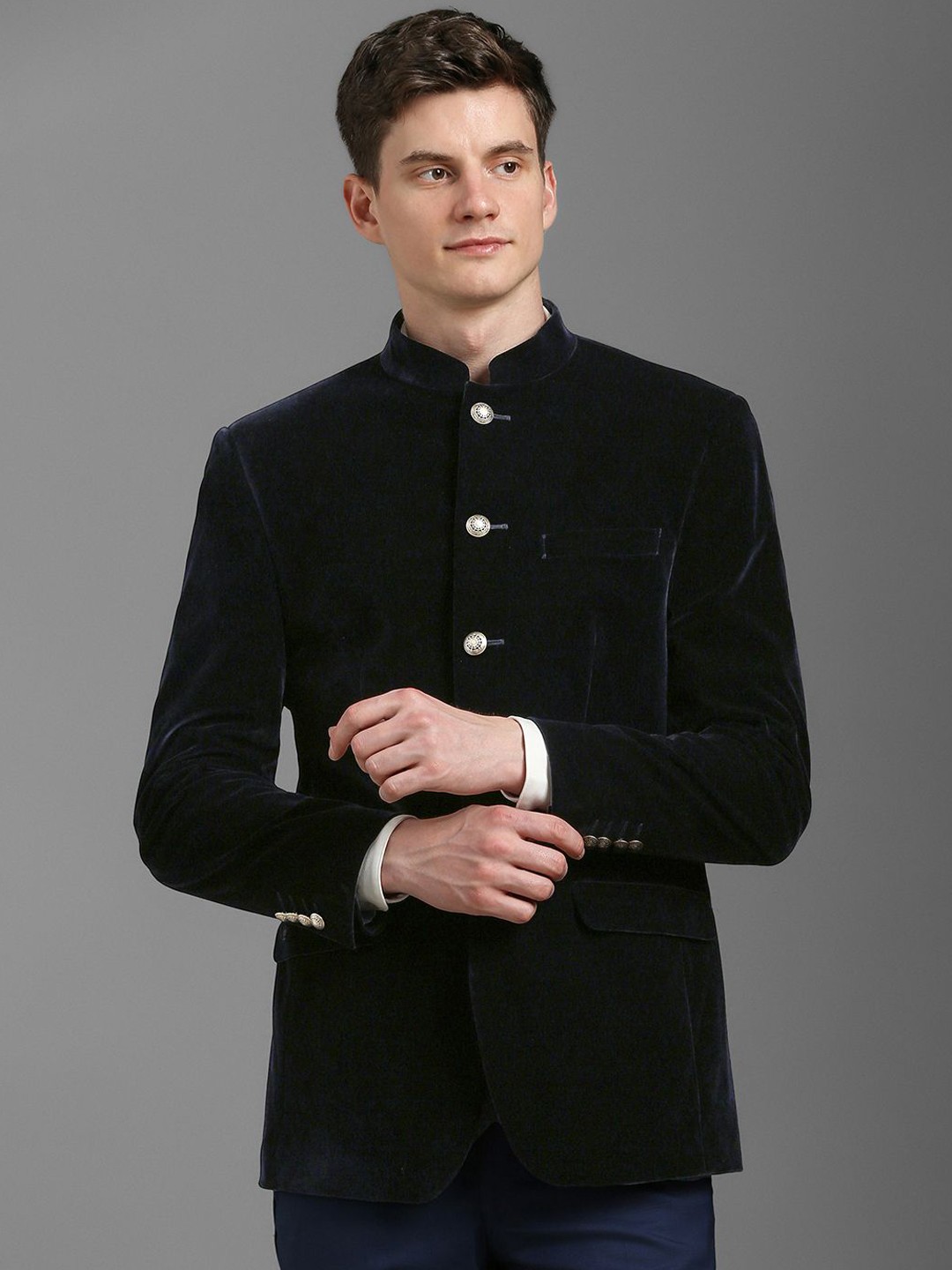 

Louis Philippe Mandarin Collar Formal Bandgala Blazer, Navy blue