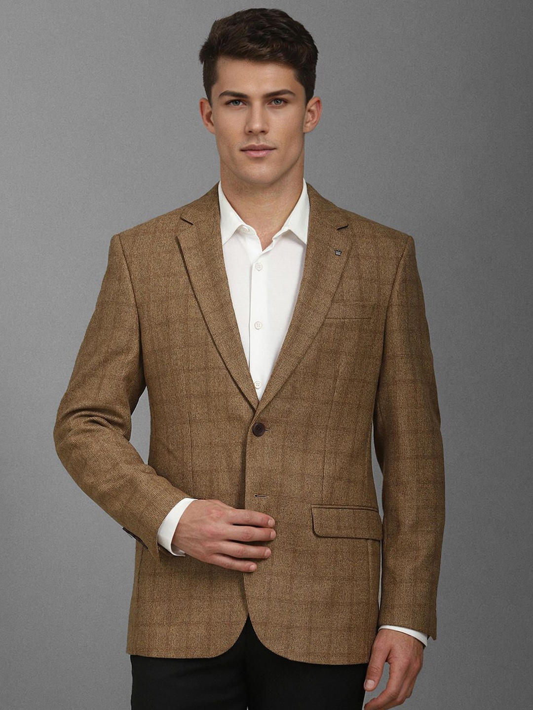

Louis Philippe Checked Slim-Fit Pure Woollen Single Breasted Formal Blazer, Brown