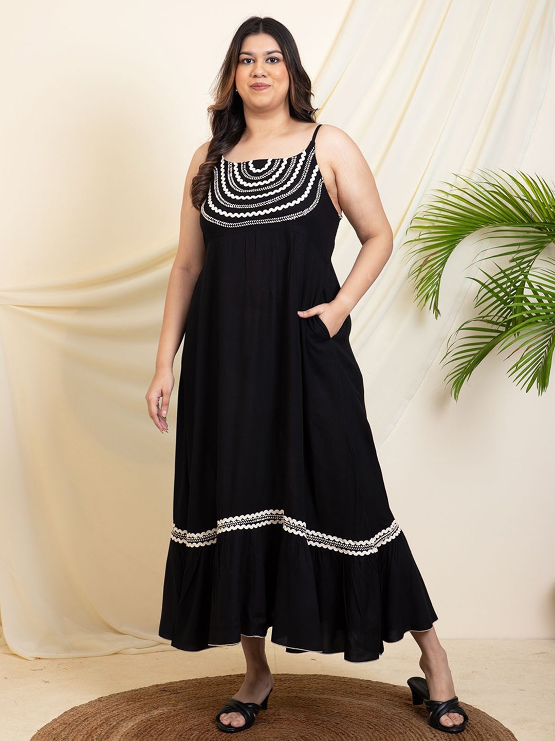 

DEEBACO Women PlusSize Lace Detailed Tiered Maxi Dress, Black