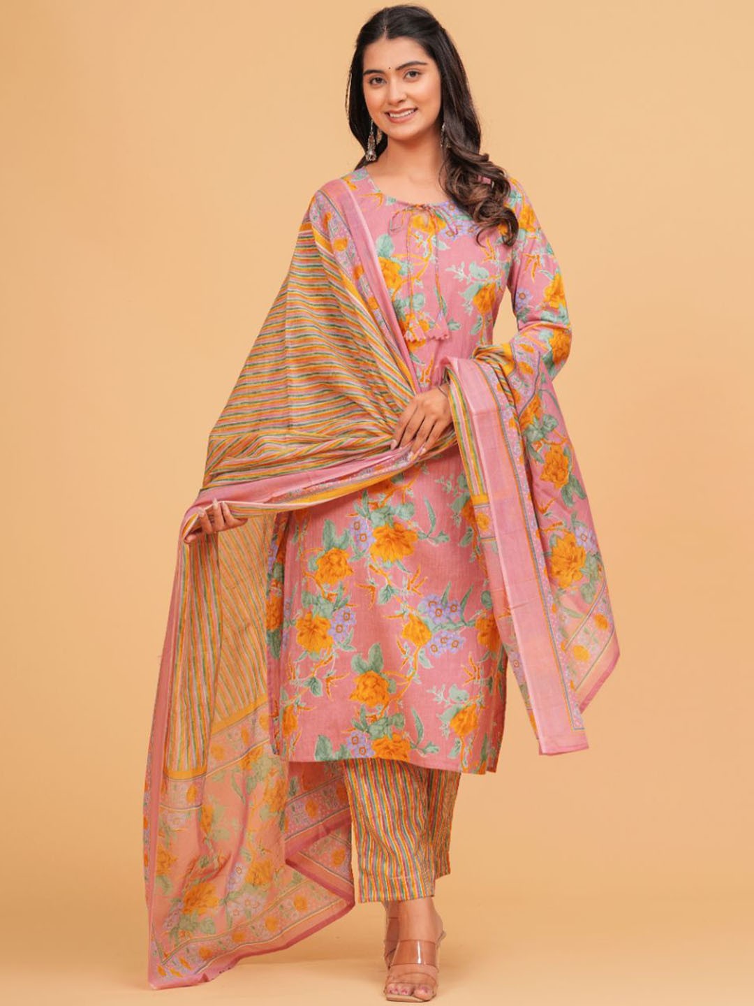 

TANISHA Floral Printed Tie-Up Neck Three-Quarter Sleeves Regular Kurta & Trouser & Dupatta, Peach