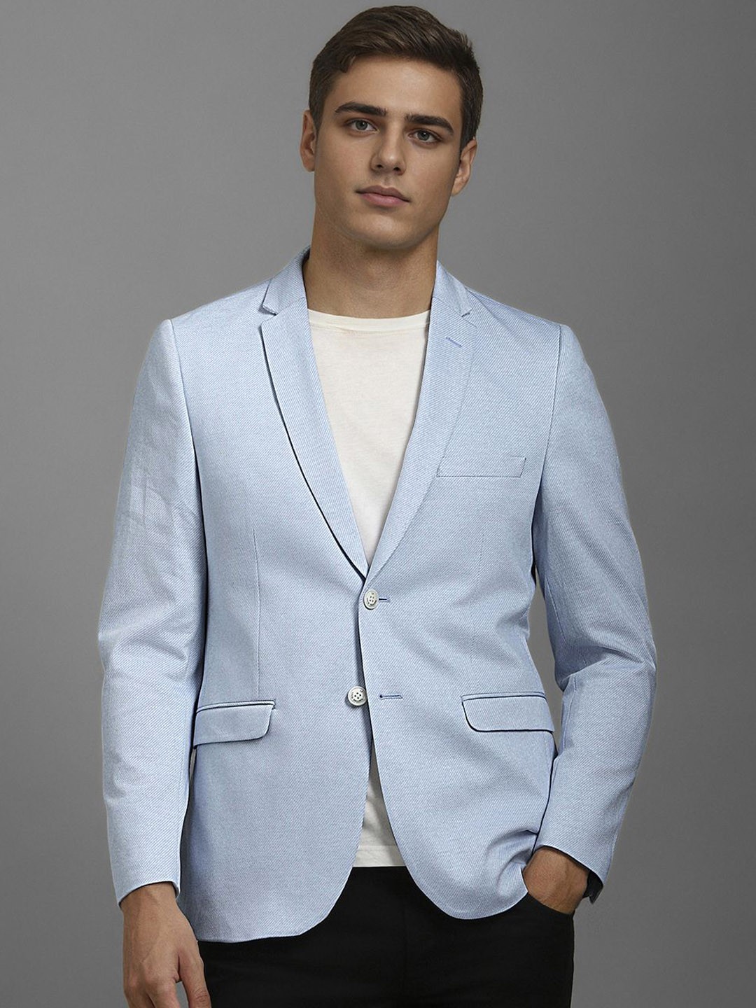 

Louis Philippe Self Design Super Slim-Fit Pure Cotton Single Breasted Formal Blazer, Blue