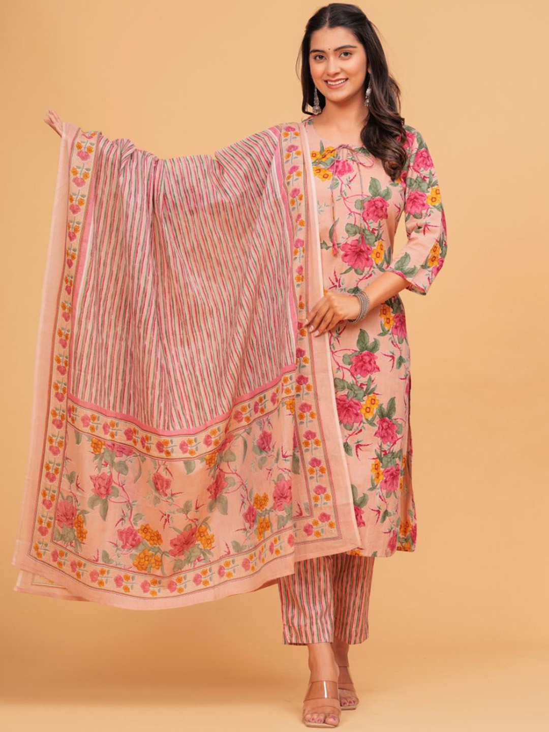 

TANISHA Floral Printed Tie-Up Neck Three-Quarter Sleeves Regular Kurta & Trouser & Dupatta, Peach