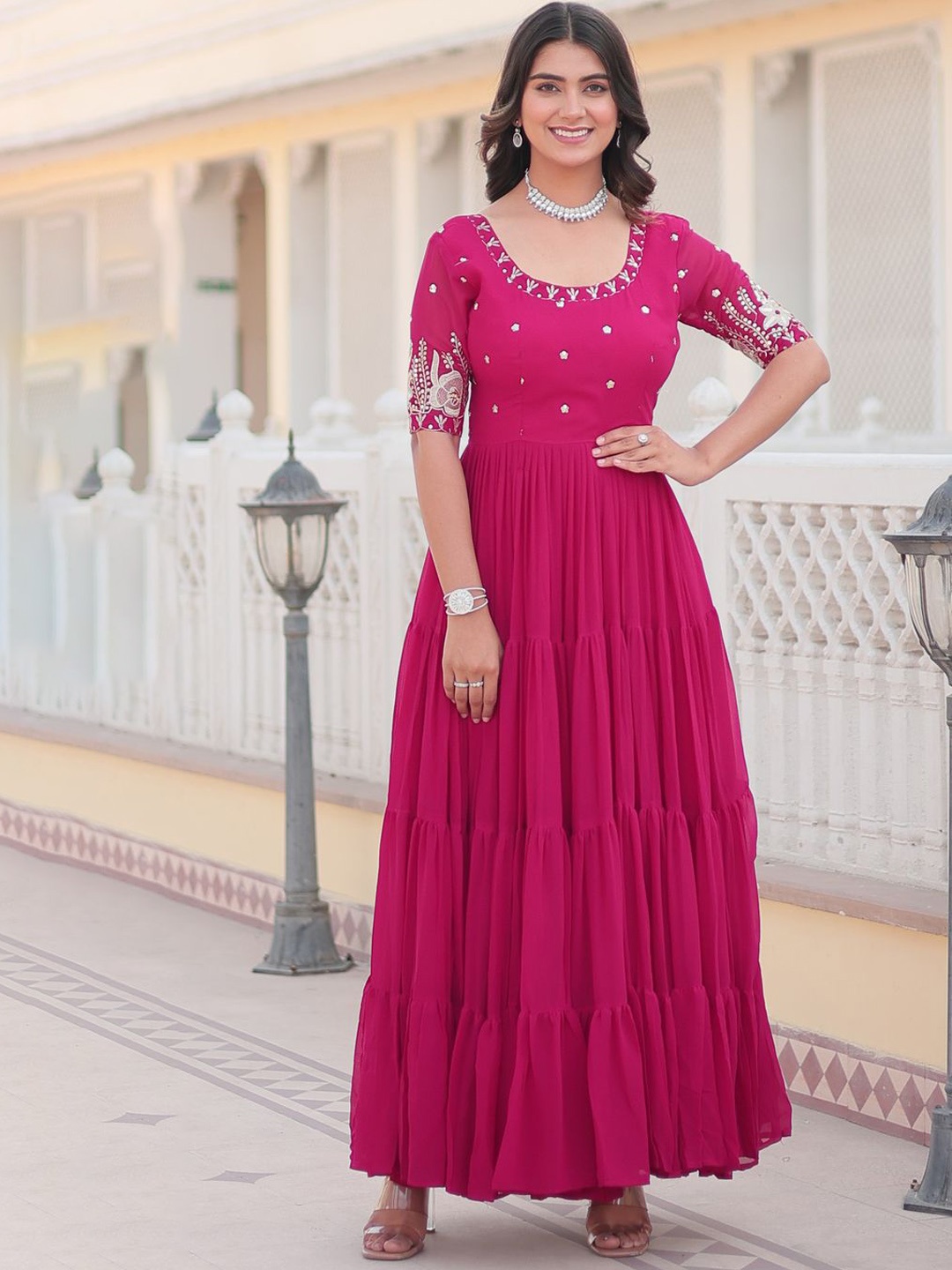 

Fashion Basket Women Embroidered Flared Gown Ethnic Dress, Pink