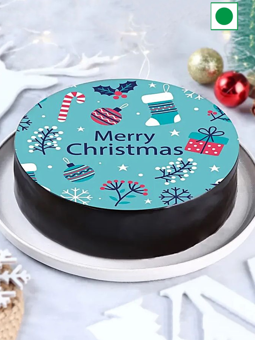 

fnp Snowy Christmas Chocolate Flavor Eggless Round Cake 500 gms, Blue