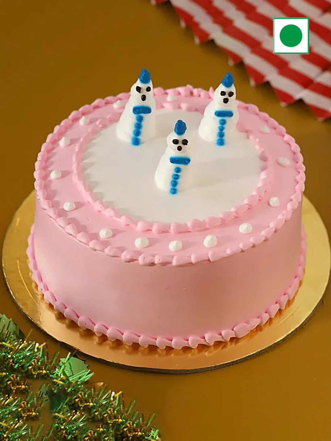 

fnp Snowman Black Forest Flavour Eggless Round Shape Cake- Half Kg, Pink