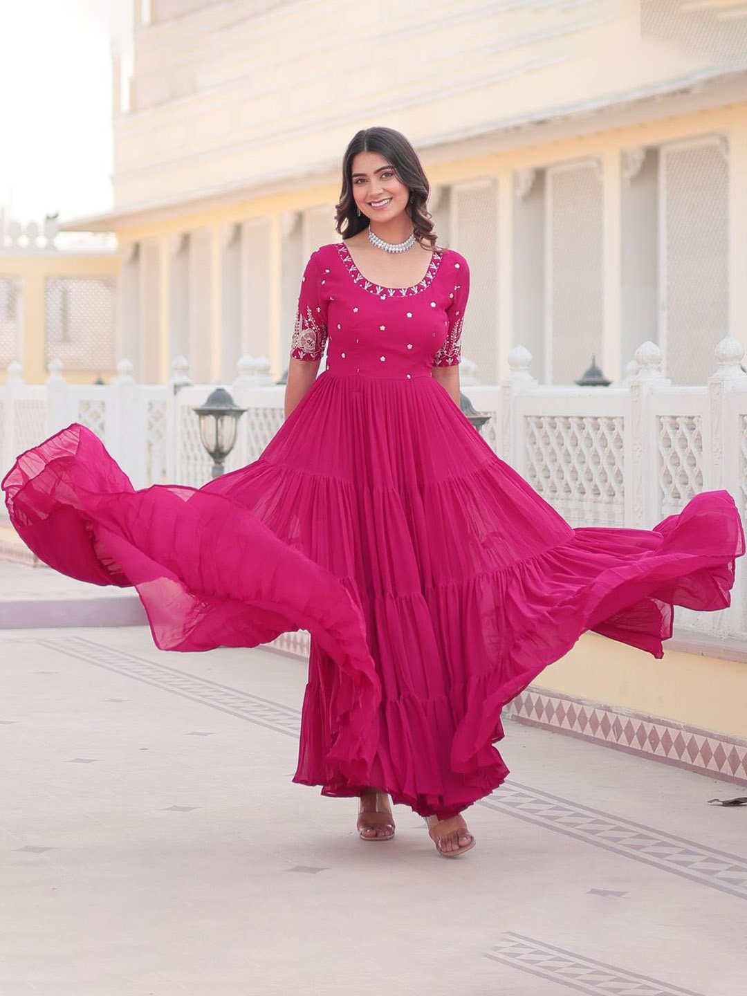 

Fashionuma Women Embroidered Flared Maxi Ethnic Dress, Pink