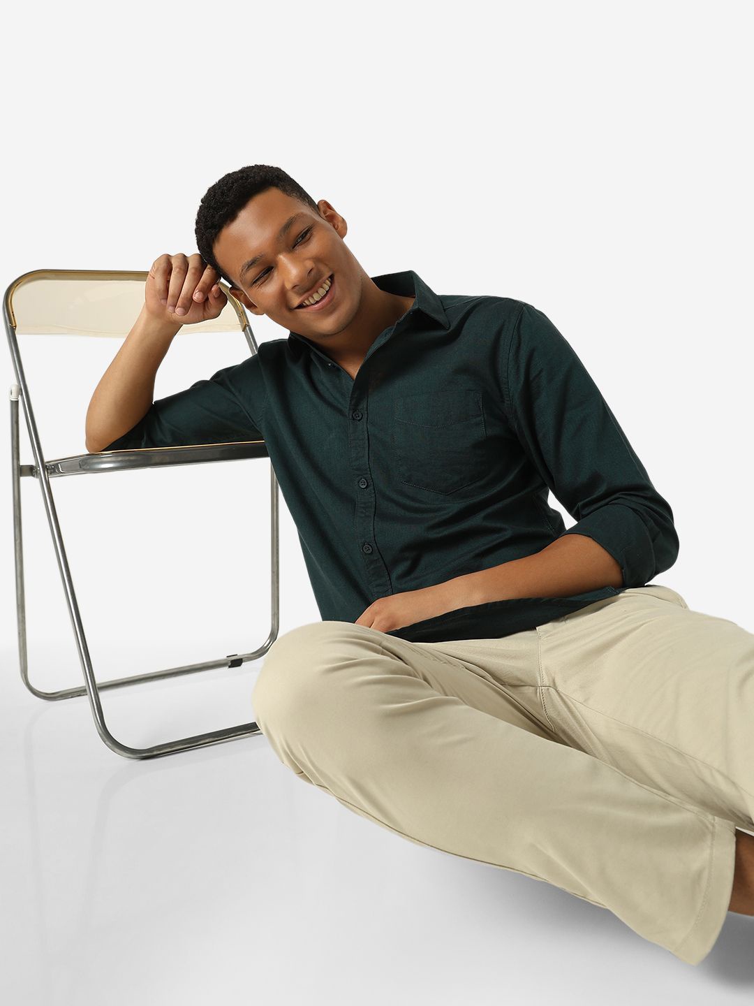 

R&B Men Spread Collar Solid Cotton Casual Shirt, Teal