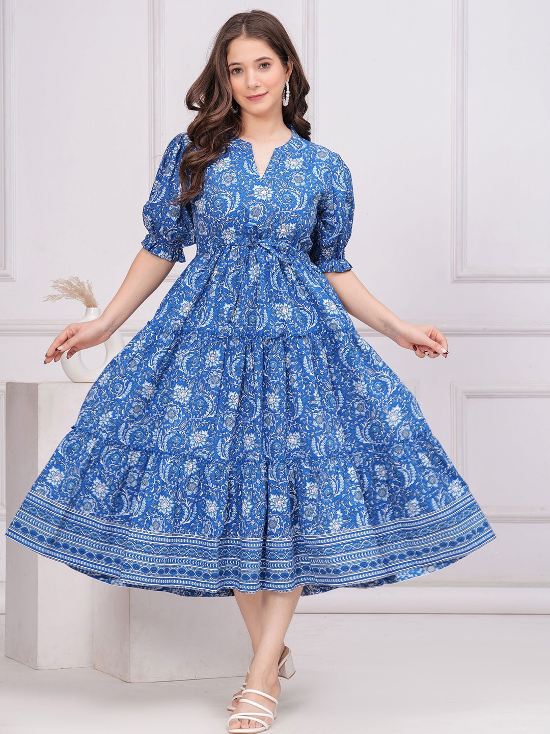 

SITA FASHION HUB Printed Cotton Fit & Flared Midi Ethnic Dresses, Blue