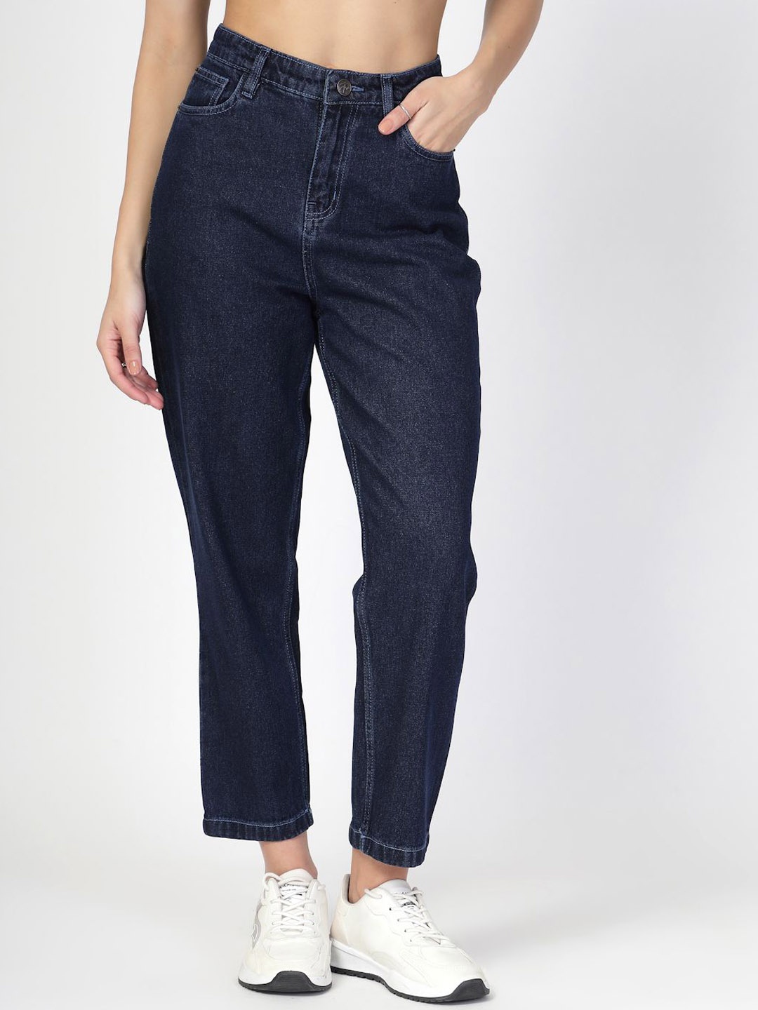 COSMIC TRIO Women Comfort Mid-Rise Mom Fit Pure Cotton Jeans, Navy blue