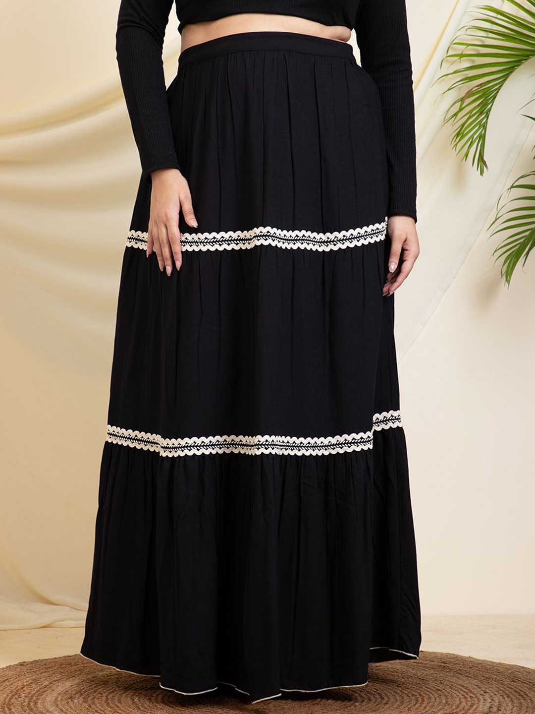 DEEBACO Women Tiered Maxi Flared Skirt, Black