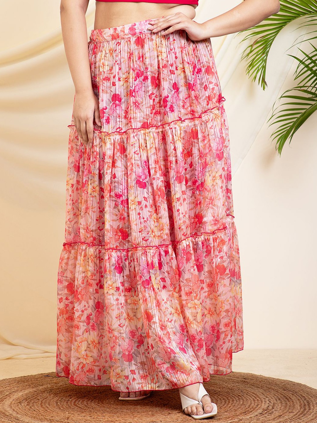 DEEBACO Women Floral Printed Tiered Plus Size Skirt, Pink