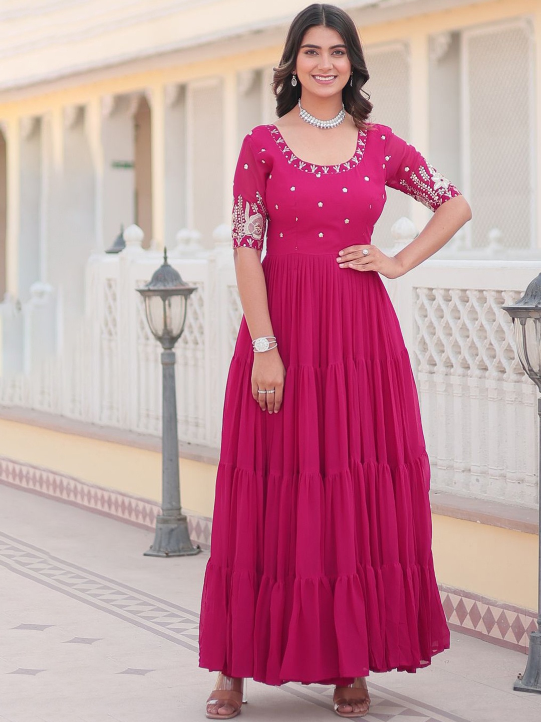 

YOYO Fashion Women Embroidered Fit and Flare Ethnic Dresses, Pink