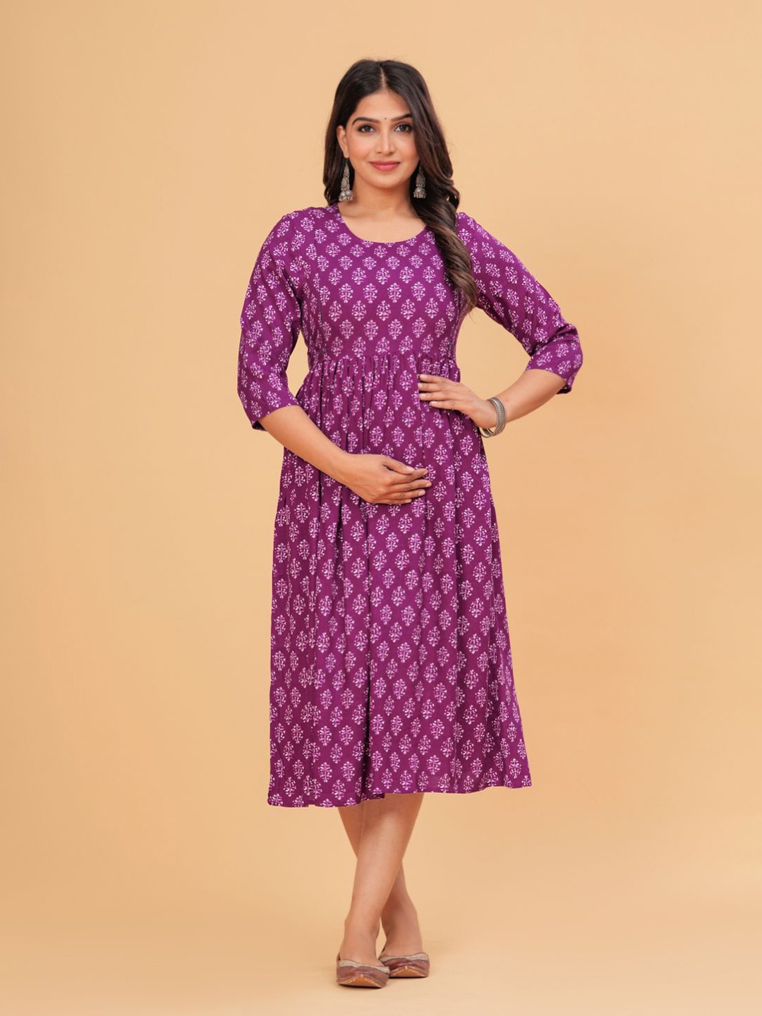 

TANISHA Ethnic Motifs Printed Maternity Fit & Flare Dress, Purple