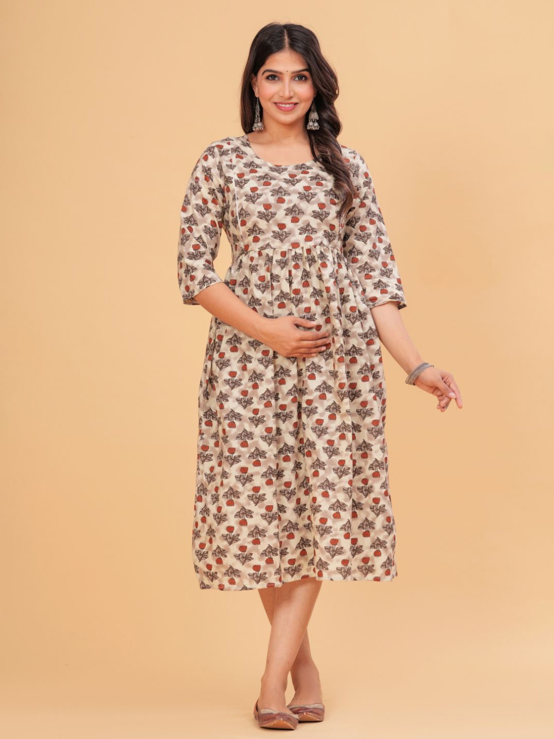 

TANISHA Women Floral Printed Maternity A-Line Dress, Beige