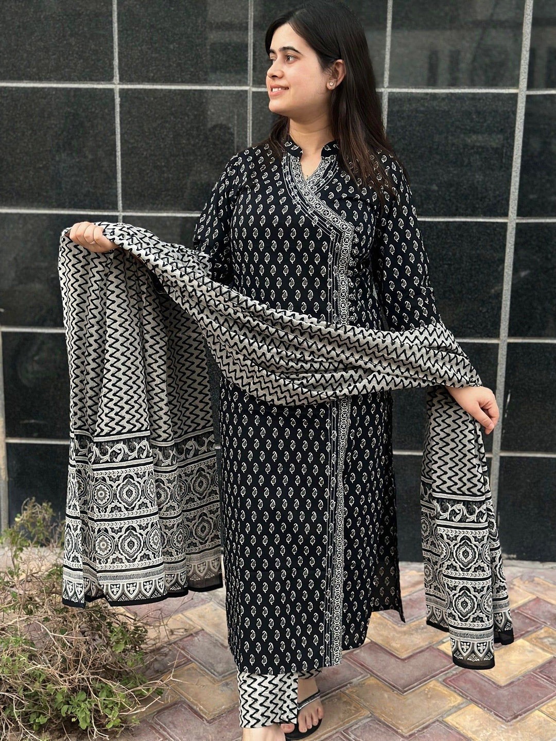 Anni Designer Paisley Printed Mandarin Collar Straight Kurta With Trousers & Dupatta, Black