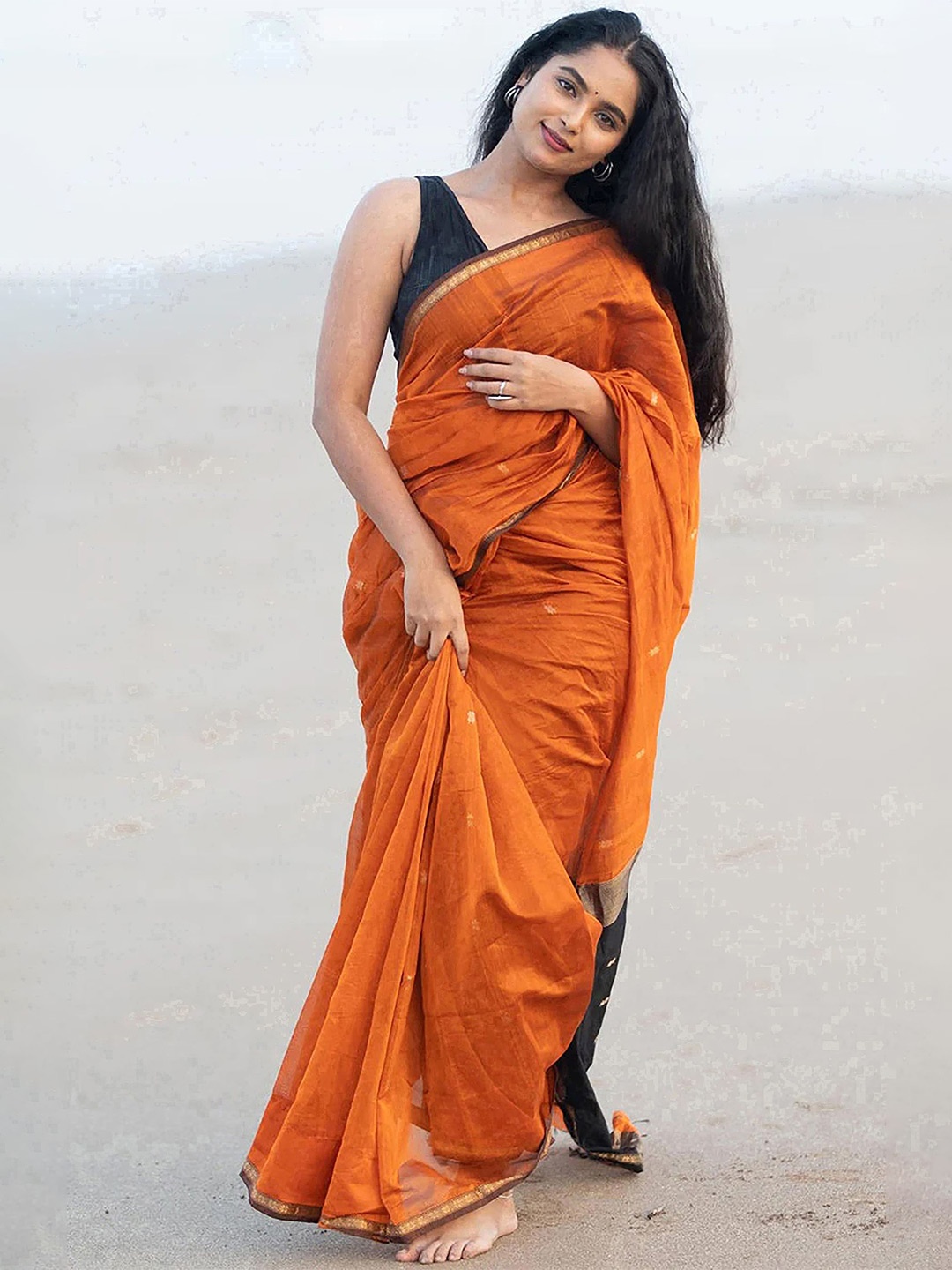 

BerMondsey Woven Design Zari Silk Cotton Banarasi Saree, Orange
