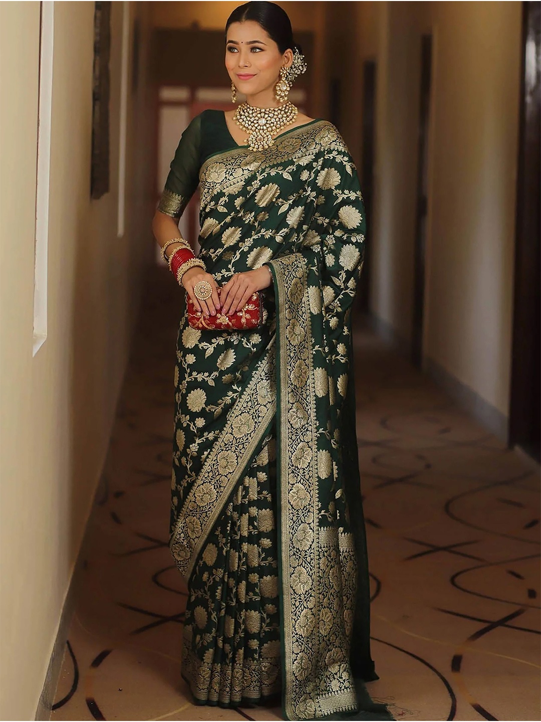 BerMondsey Woven Design Zari Banarasi Saree, Green
