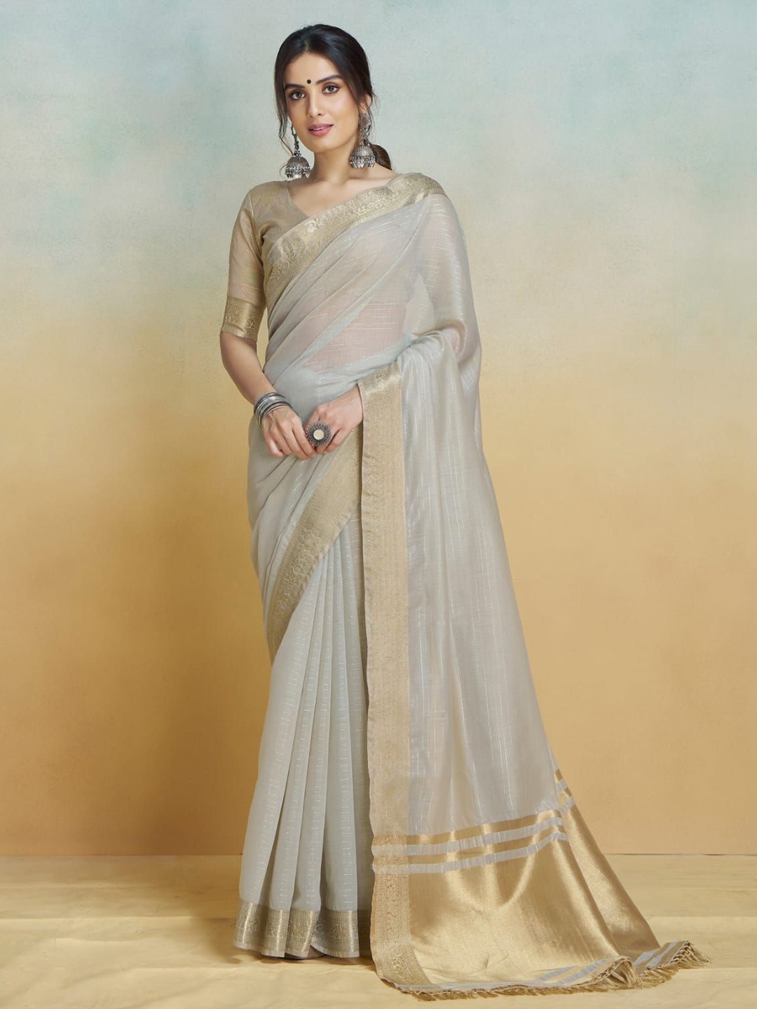 

Mitera Zari Pure Cotton Chanderi Saree, Cream