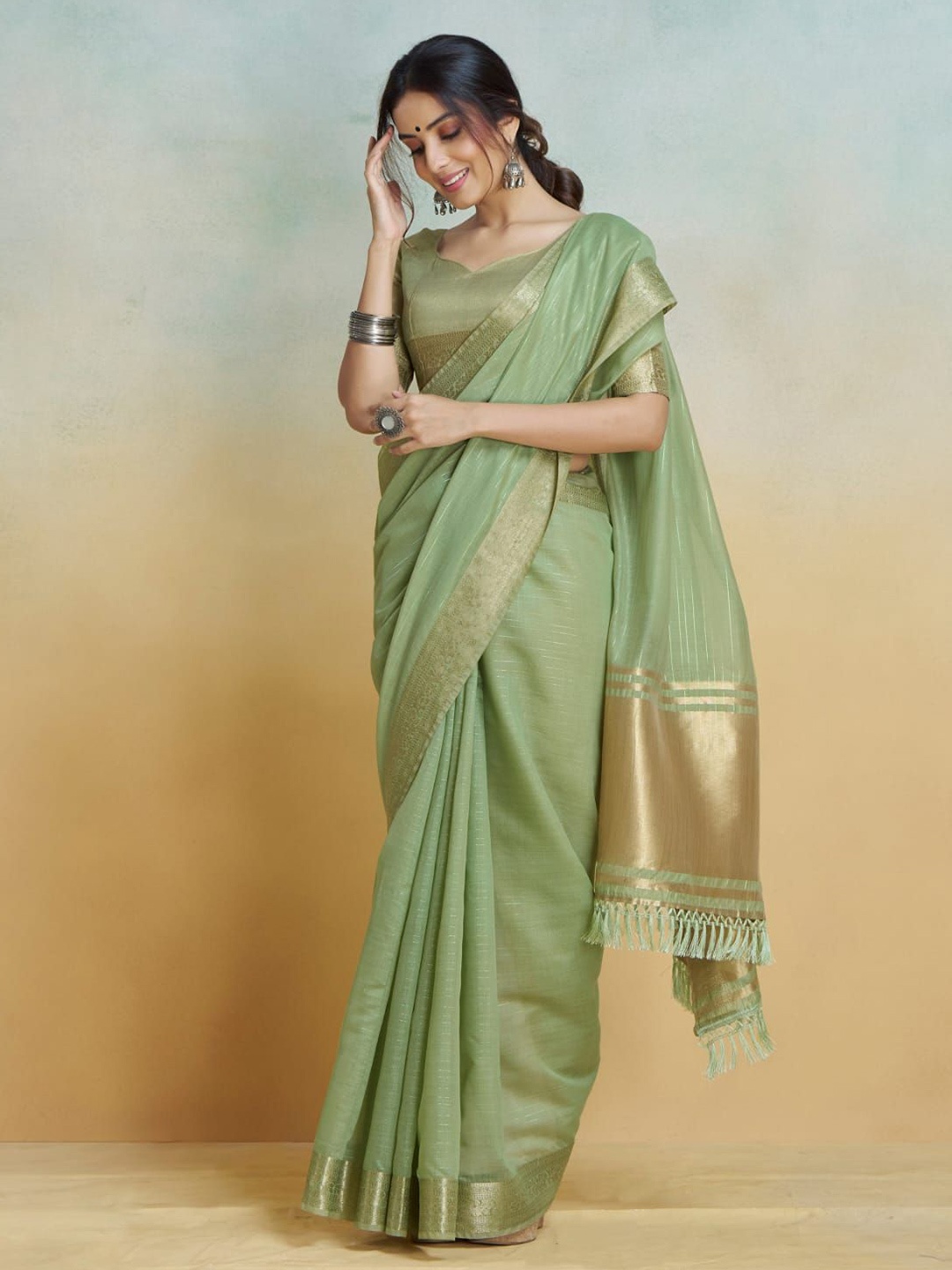 

Mitera Striped Zari Pure Cotton Chanderi Saree, Green
