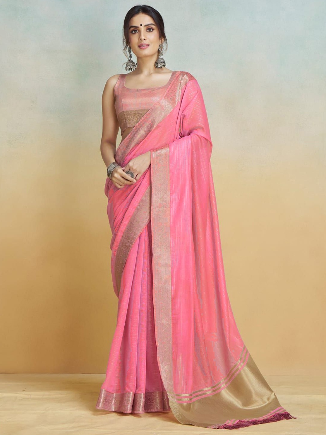 

Mitera Zari Pure Cotton Chanderi Saree, Pink
