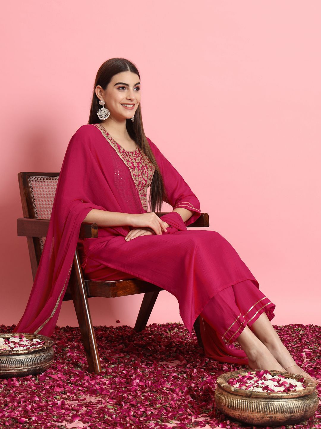 

VredeVogel Floral Embroidered Round Neck Regular Sequinned Kurta With Trouser With Dupatta, Pink
