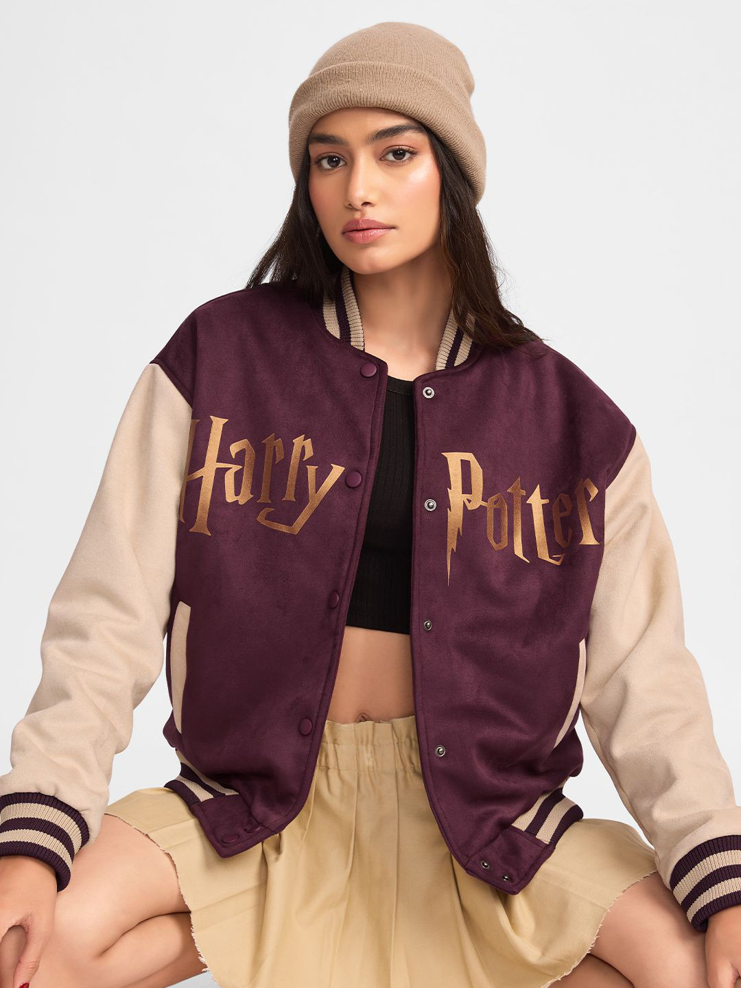 

The Souled Store Women Typography Varsity Jacket with Embroidered, Burgundy
