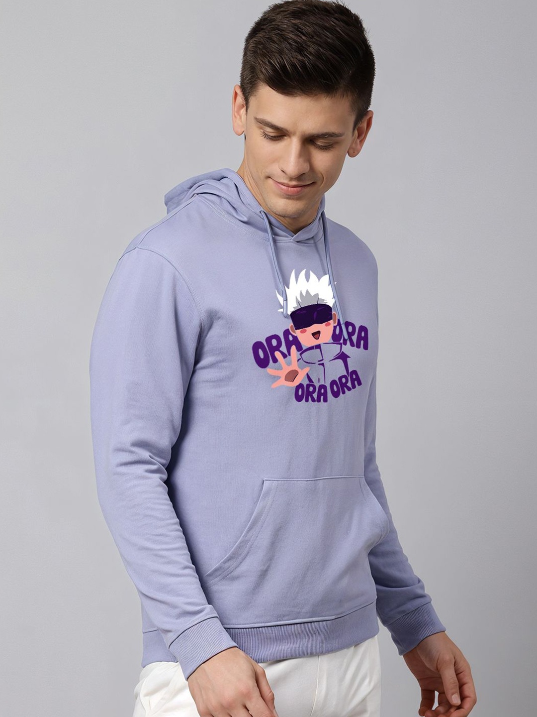

Crazymonk Printed Anime Ora Ora Gojo Sataro Hooded Cotton Sweatshirt, Lavender