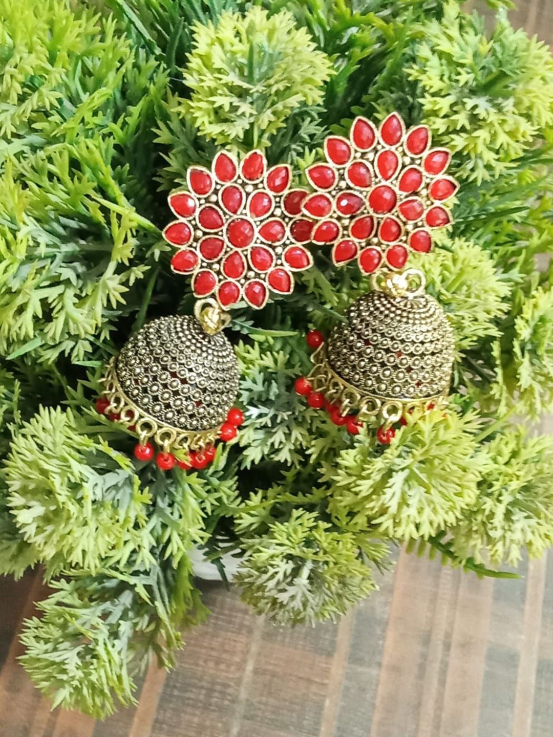 

JMBW INTERNATIONAL Gold Plated Kundan Studded Floral Jhumkas, Red