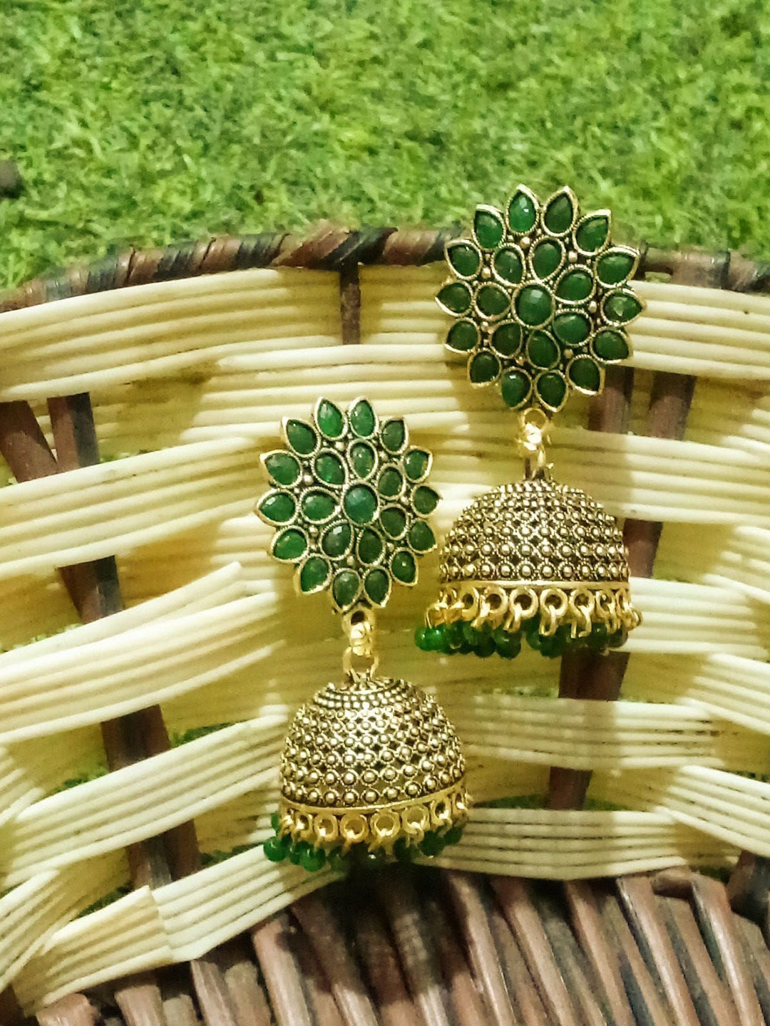 JMBW INTERNATIONAL Gold Plated Kundan Studded Floral Jhumkas, Green