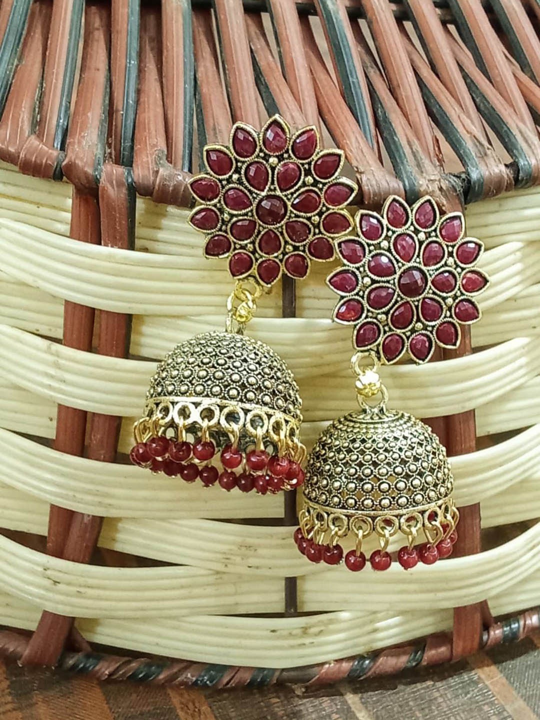 

JMBW INTERNATIONAL Gold Plated Kundan Studded Floral Jhumkas, Maroon