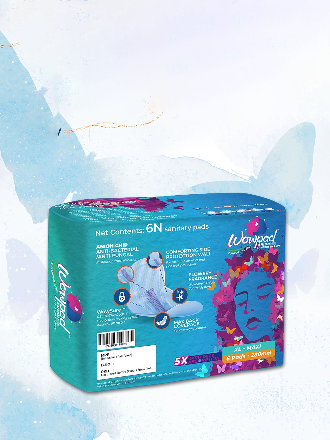 Wowpad Set Of 10 Maxi Anion Chip Absorb Heavy Flow Quickly Sanitary Napkin - 6 Pcs- XL, Blue