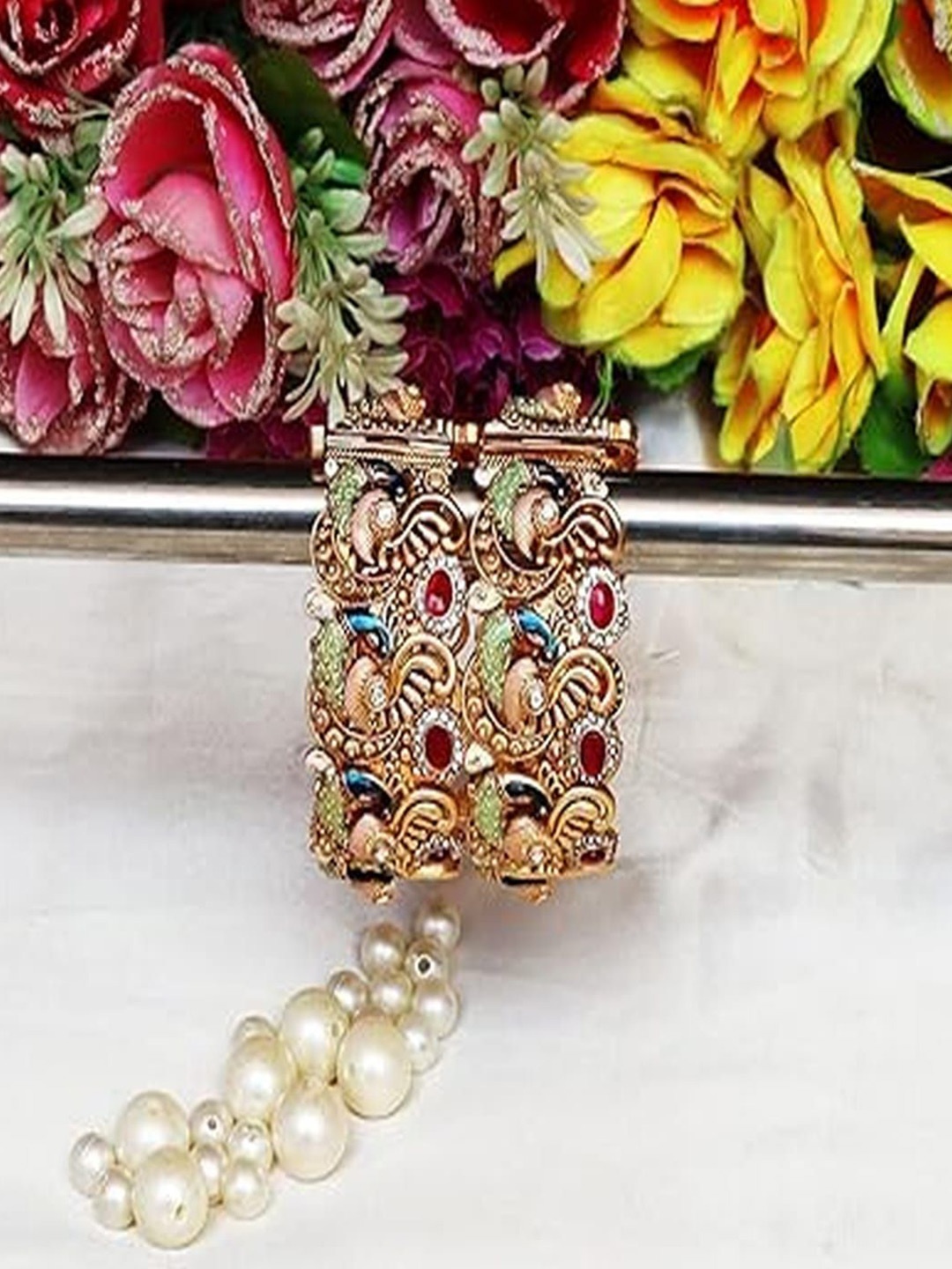 

TAJ BRIDAL STORE Gold-Plated Artificial Stone Studded Kada Bracelet