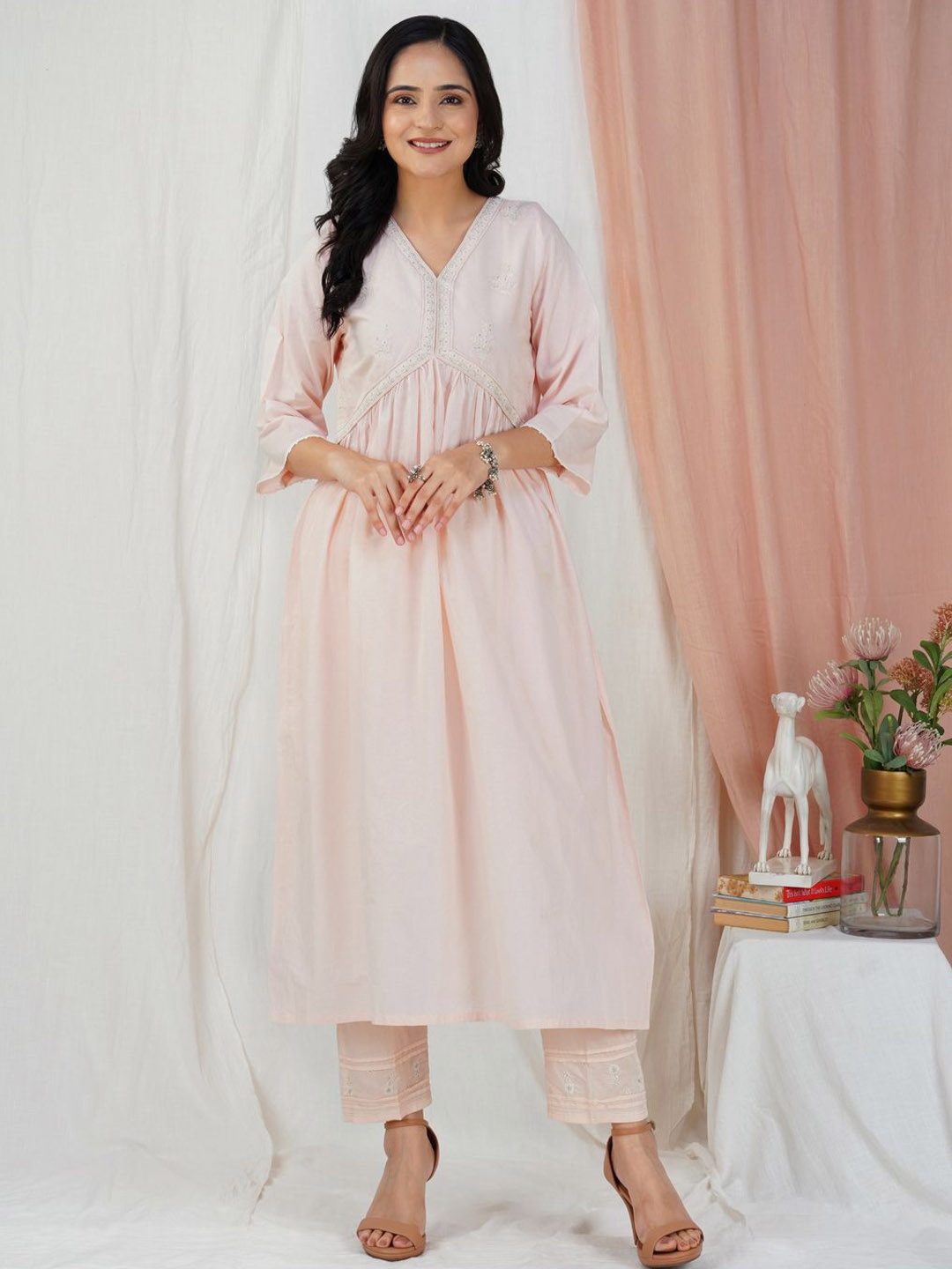 

zuri Floral Embroidered V-Neck Three-Quarter Sleeves Empire Cotton Modal A-Line Kurta, Pink