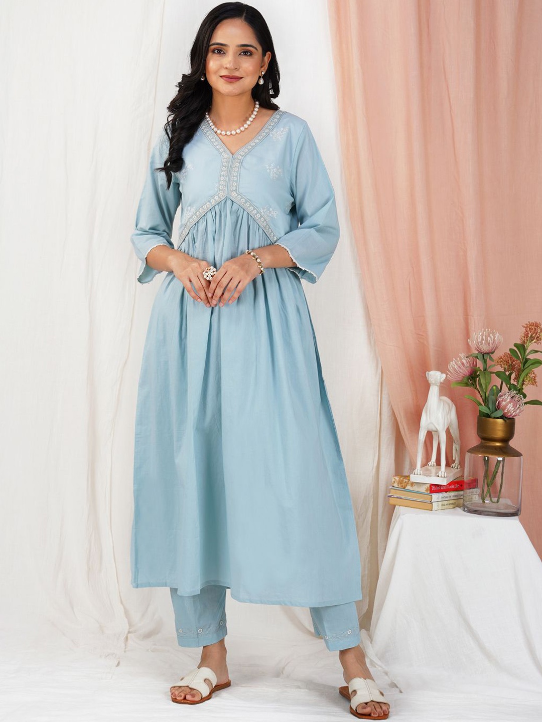 

zuri Floral Embroidered V-Neck Three-Quarter Sleeves Empire Cotton Modal A-Line Kurta, Blue
