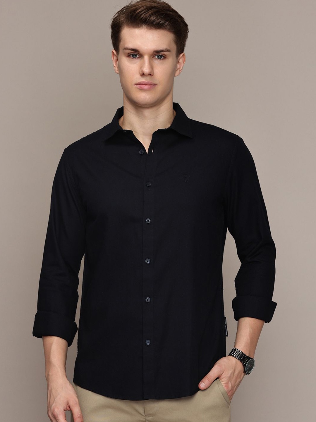 

French Connection Men Premium Spread Collar Solid Cotton Slim Fit Casual Shirt, Black